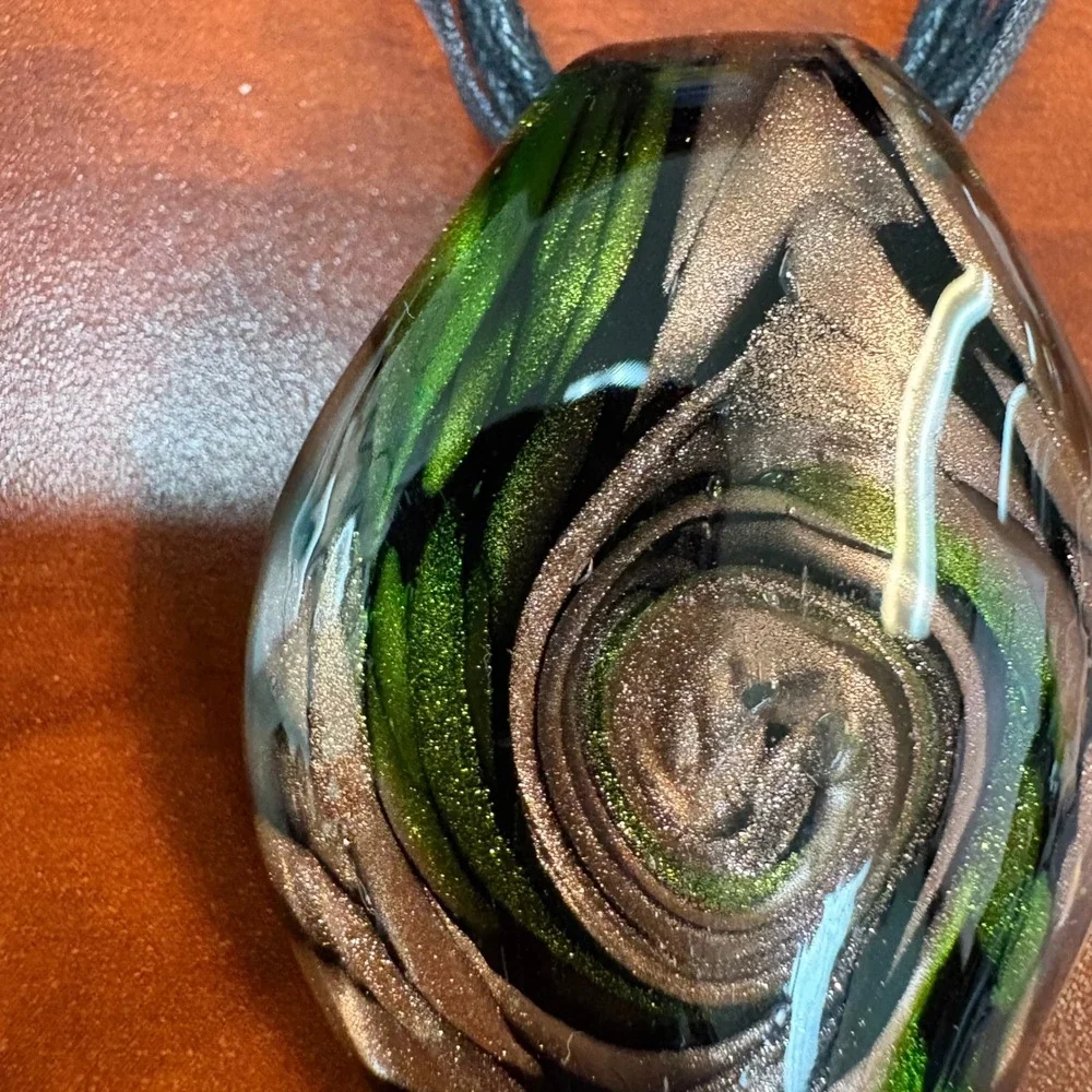 Art Glass Teardrop Pendant Necklace Green‎ Brown Swirl Boho Ribbon Cord